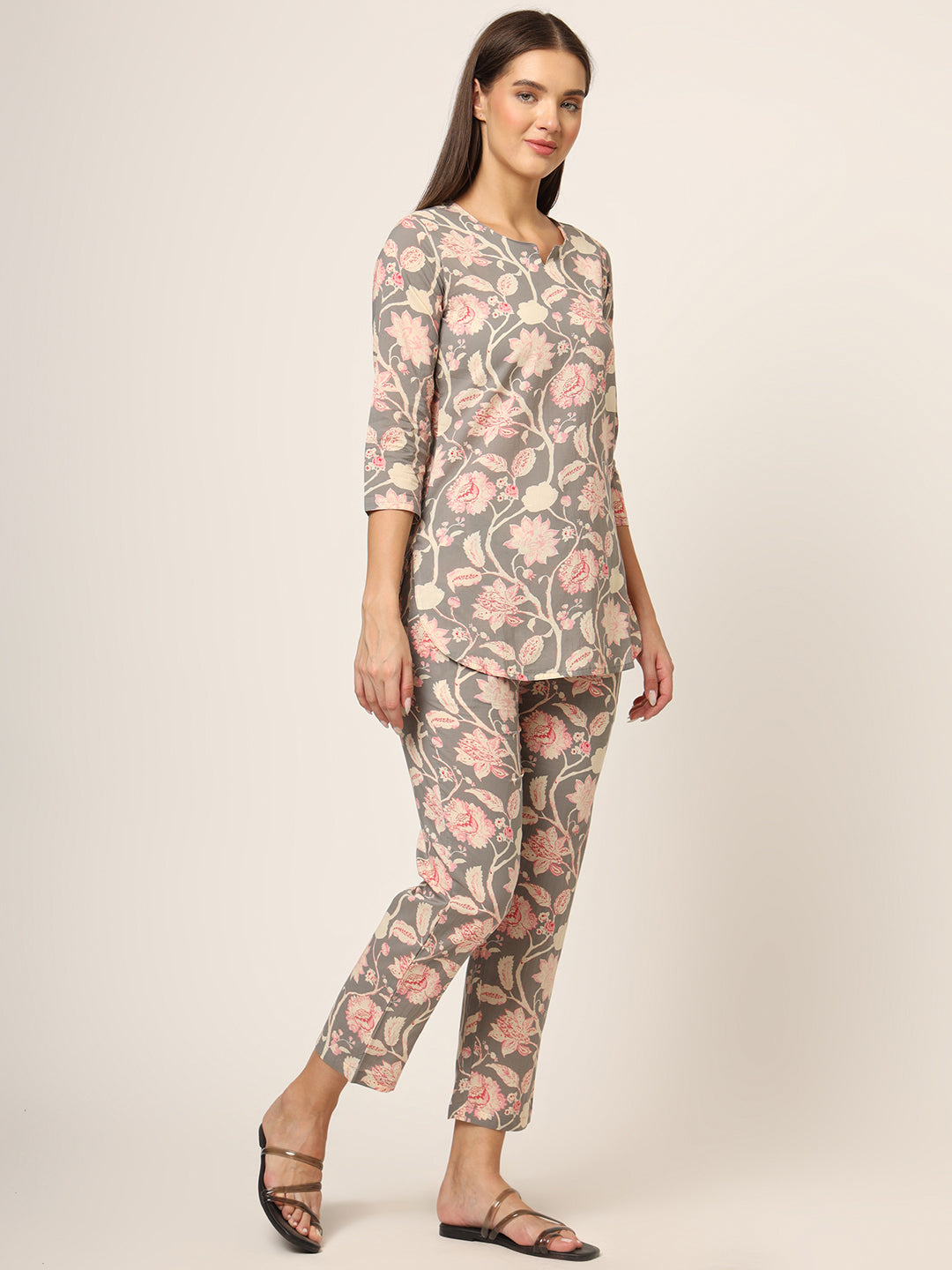 Grey Floral Print Cotton Regular Fit Night Suit