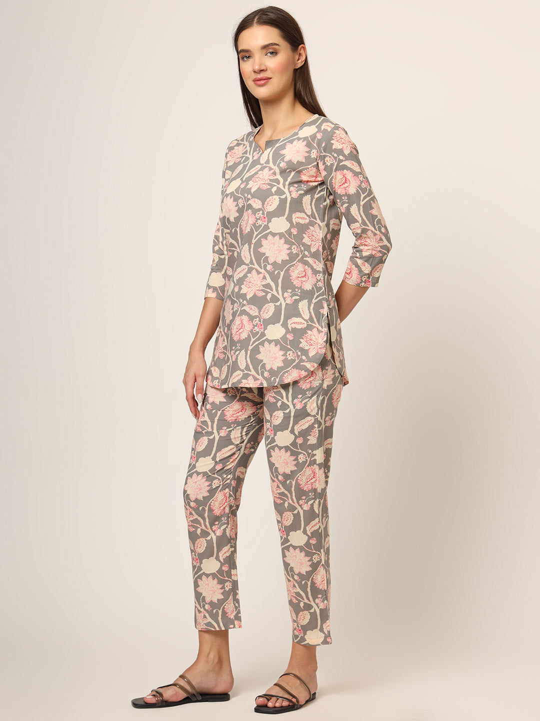 Grey Floral Print Cotton Regular Fit Night Suit
