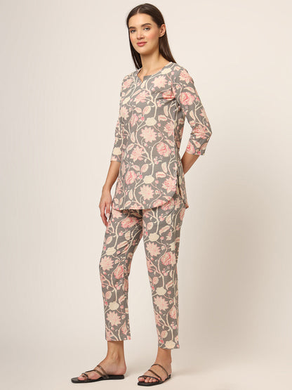 Grey Floral Print Cotton Regular Fit Night Suit