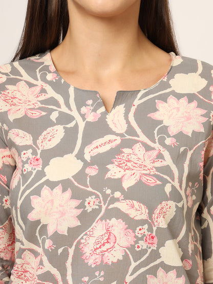 Grey Floral Print Cotton Regular Fit Night Suit