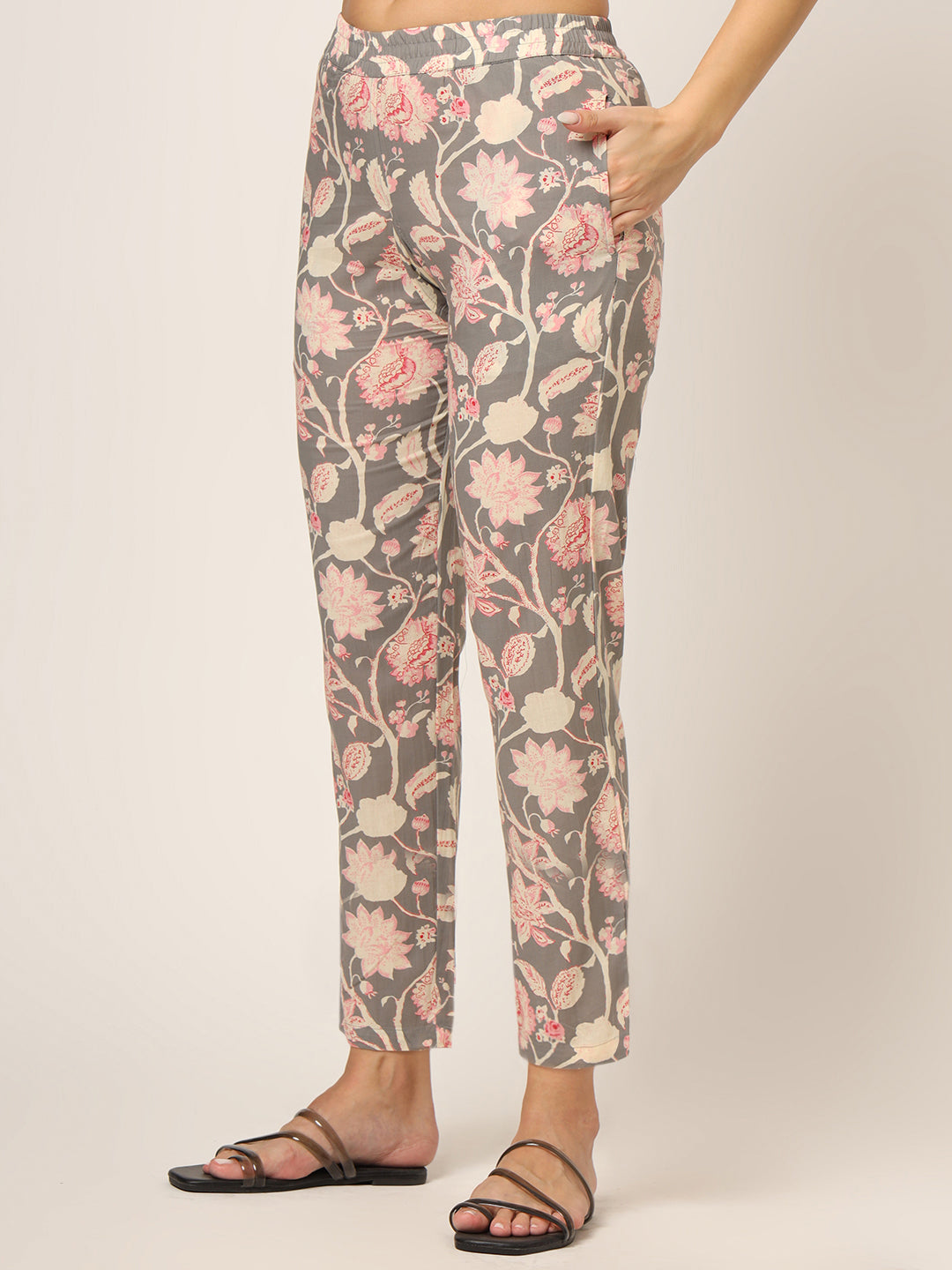 Grey Floral Print Cotton Regular Fit Night Suit