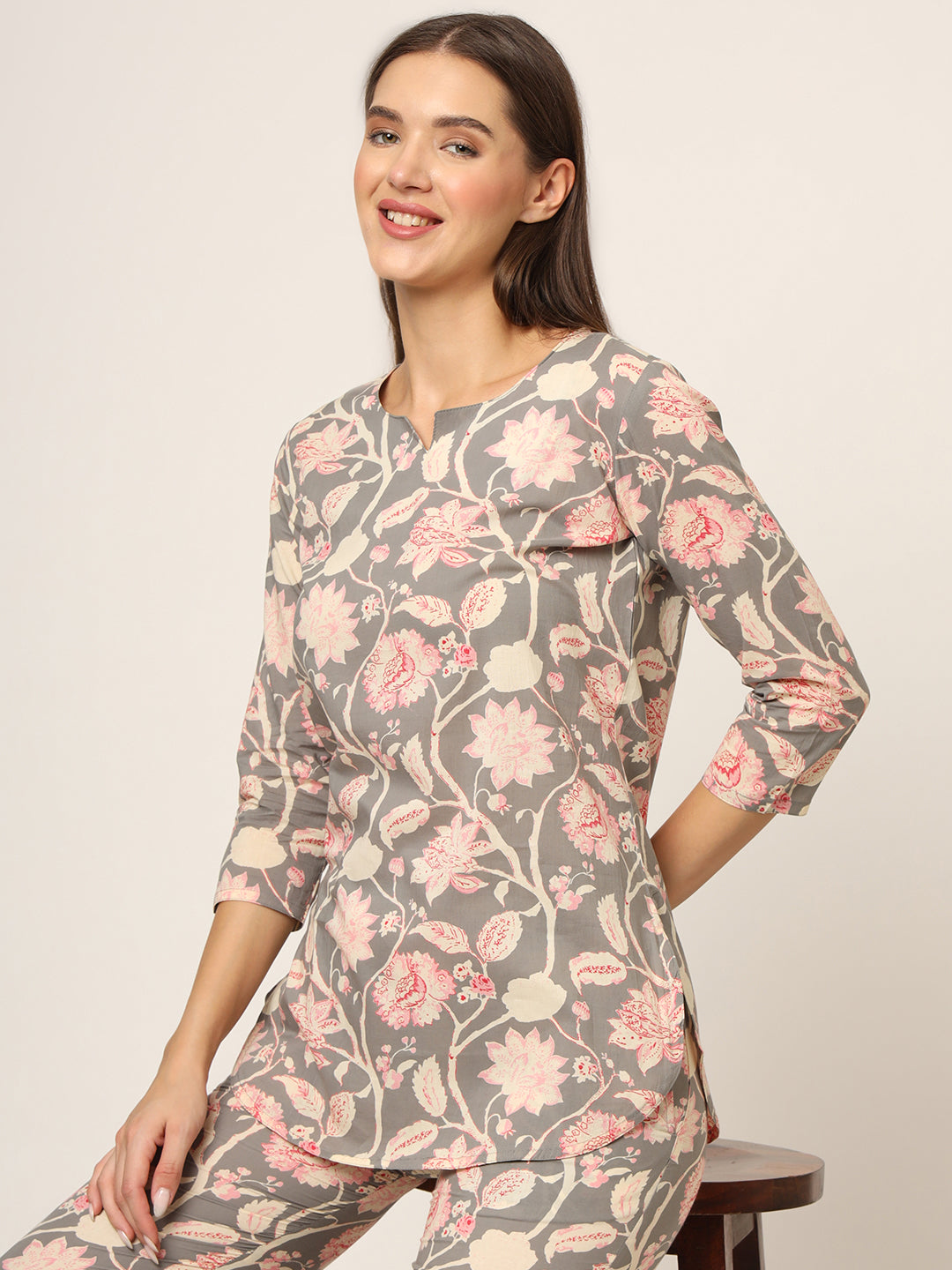 Grey Floral Print Cotton Regular Fit Night Suit