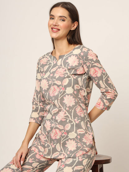Grey Floral Print Cotton Regular Fit Night Suit