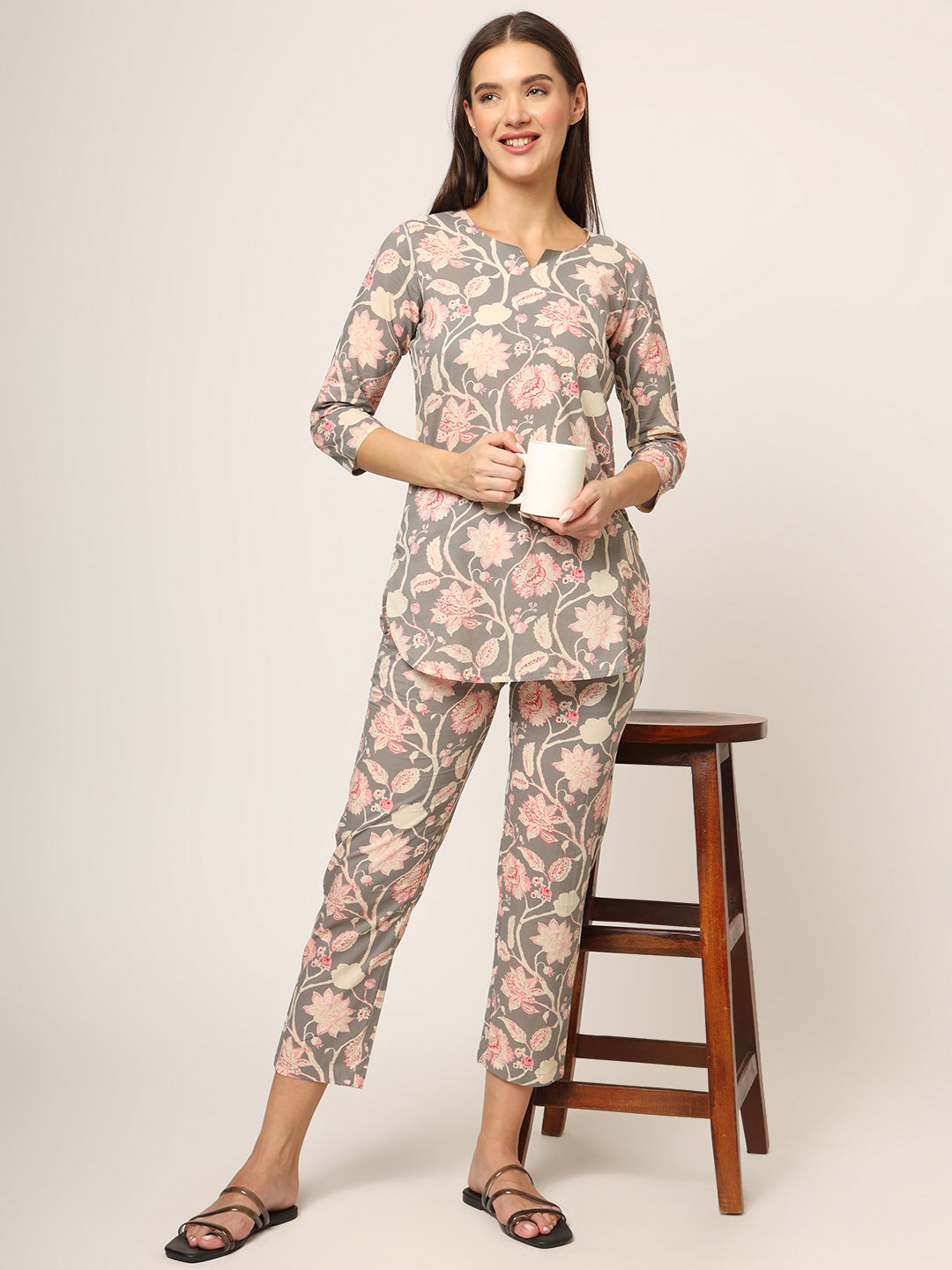 Grey Floral Print Cotton Regular Fit Night Suit