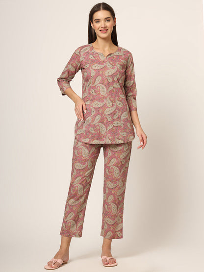 Pink Floral Print Cotton Regular Fit Night Suit