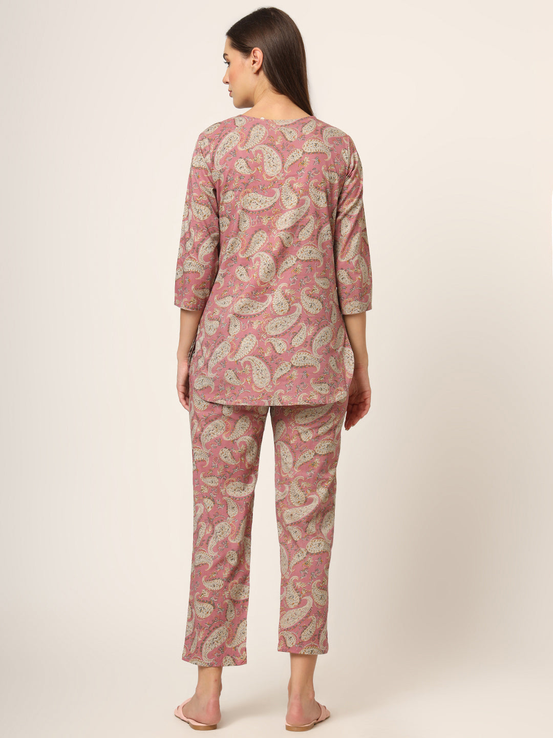 Pink Floral Print Cotton Regular Fit Night Suit