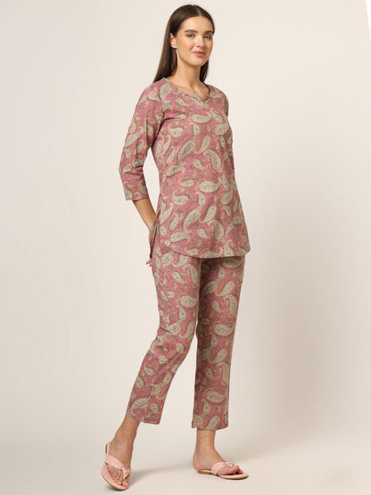 Pink Floral Print Cotton Regular Fit Night Suit