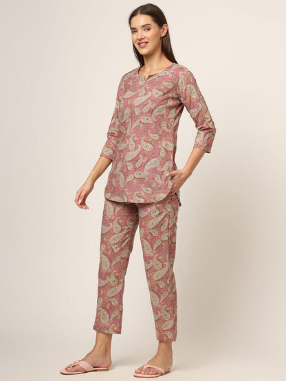 Pink Floral Print Cotton Regular Fit Night Suit