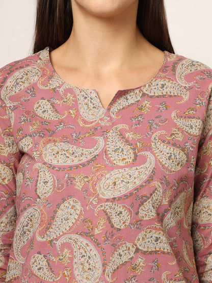 Pink Floral Print Cotton Regular Fit Night Suit