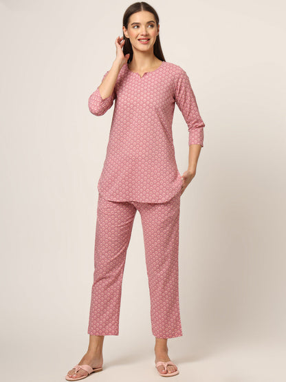 Pink Floral Print Cotton Regular Fit Night Suit