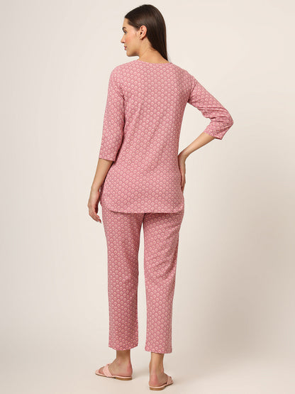 Pink Floral Print Cotton Regular Fit Night Suit