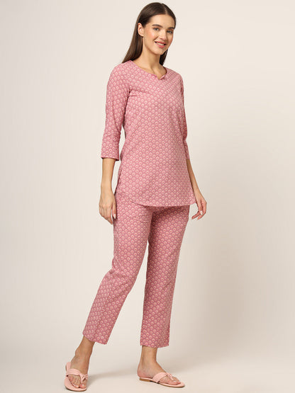Pink Floral Print Cotton Regular Fit Night Suit