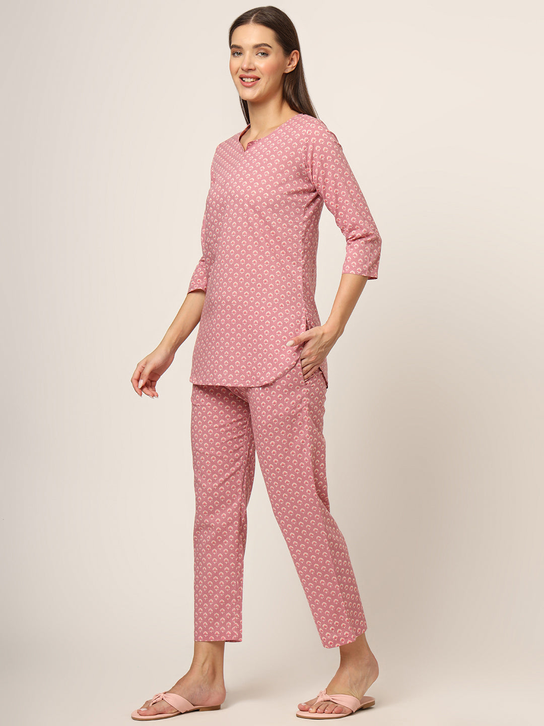 Pink Floral Print Cotton Regular Fit Night Suit