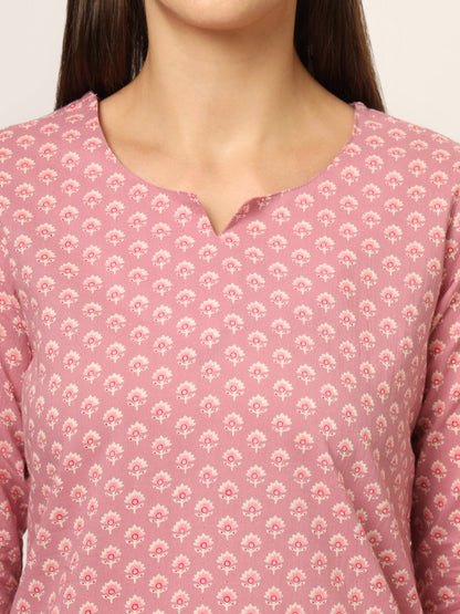 Pink Floral Print Cotton Regular Fit Night Suit