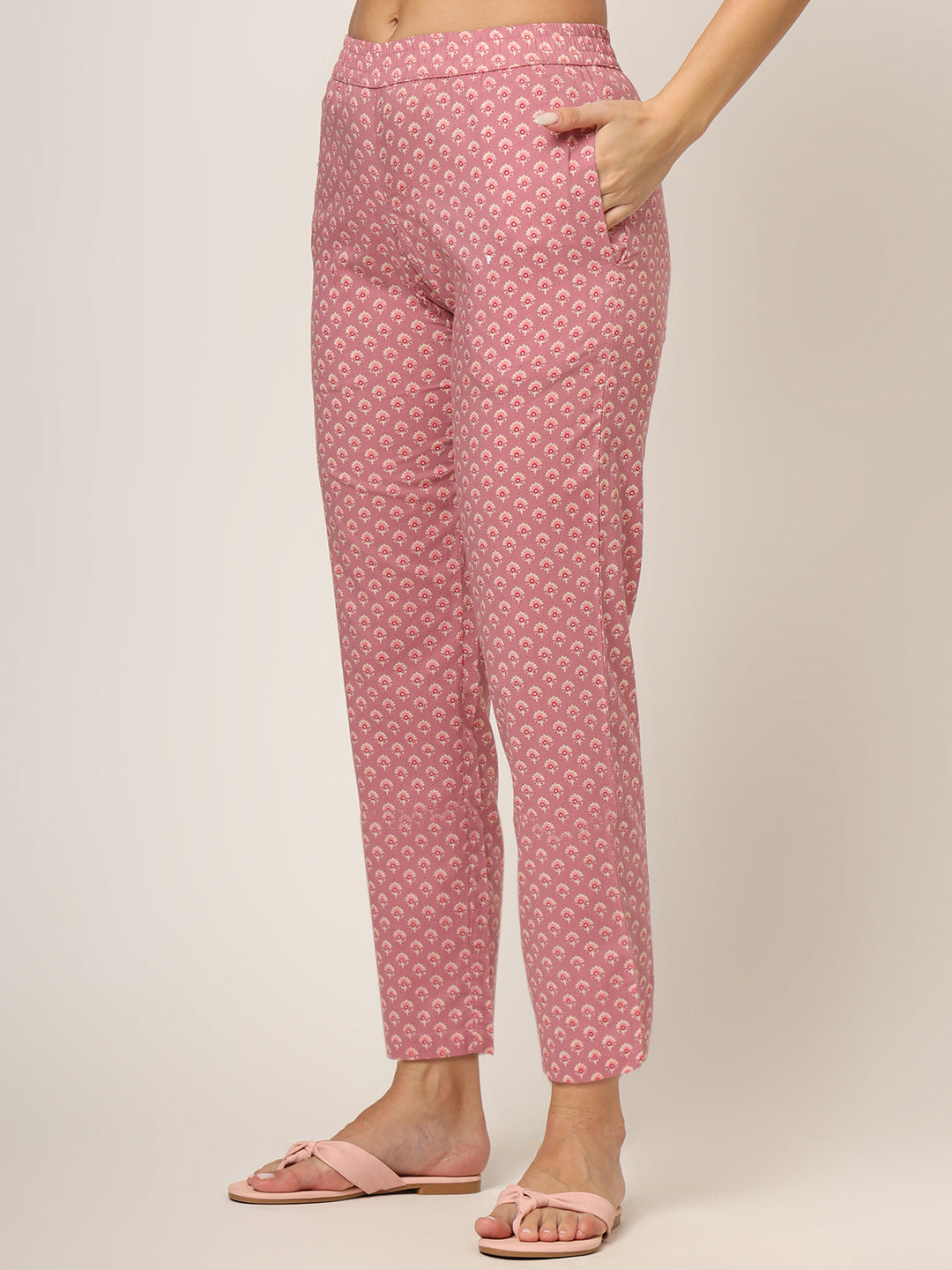 Pink Floral Print Cotton Regular Fit Night Suit