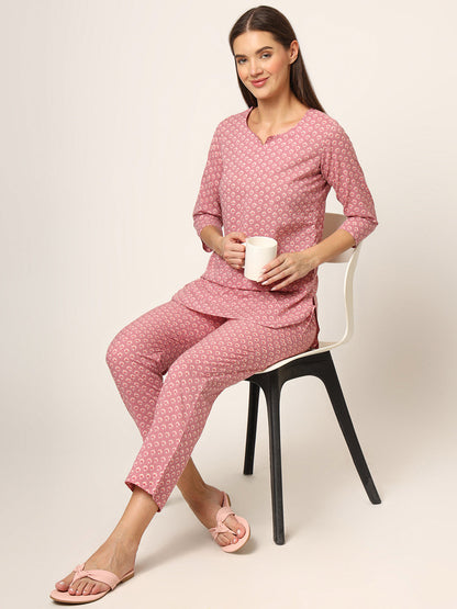 Pink Floral Print Cotton Regular Fit Night Suit