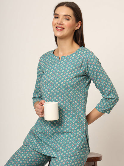 Green Floral Print Cotton Regular Fit Night Suit