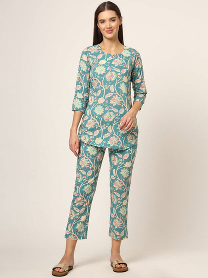 Green Floral Print Cotton Regular Fit Night Suit