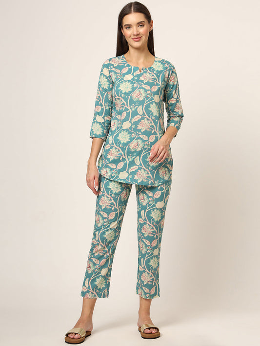 Green Floral Print Cotton Regular Fit Night Suit