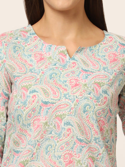 Blue Multi Floral Print Cotton Regular Fit Night Suit