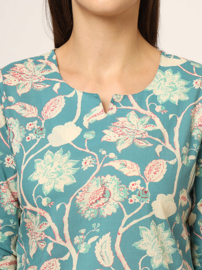 Green Floral Print Cotton Regular Fit Night Suit