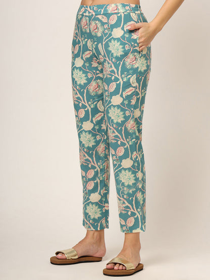 Green Floral Print Cotton Regular Fit Night Suit