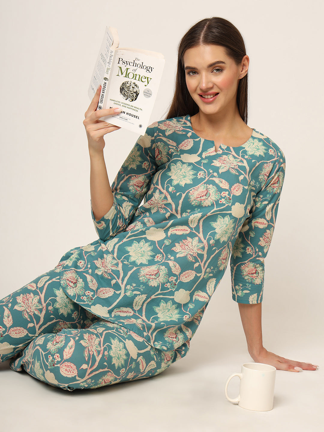 Green Floral Print Cotton Regular Fit Night Suit
