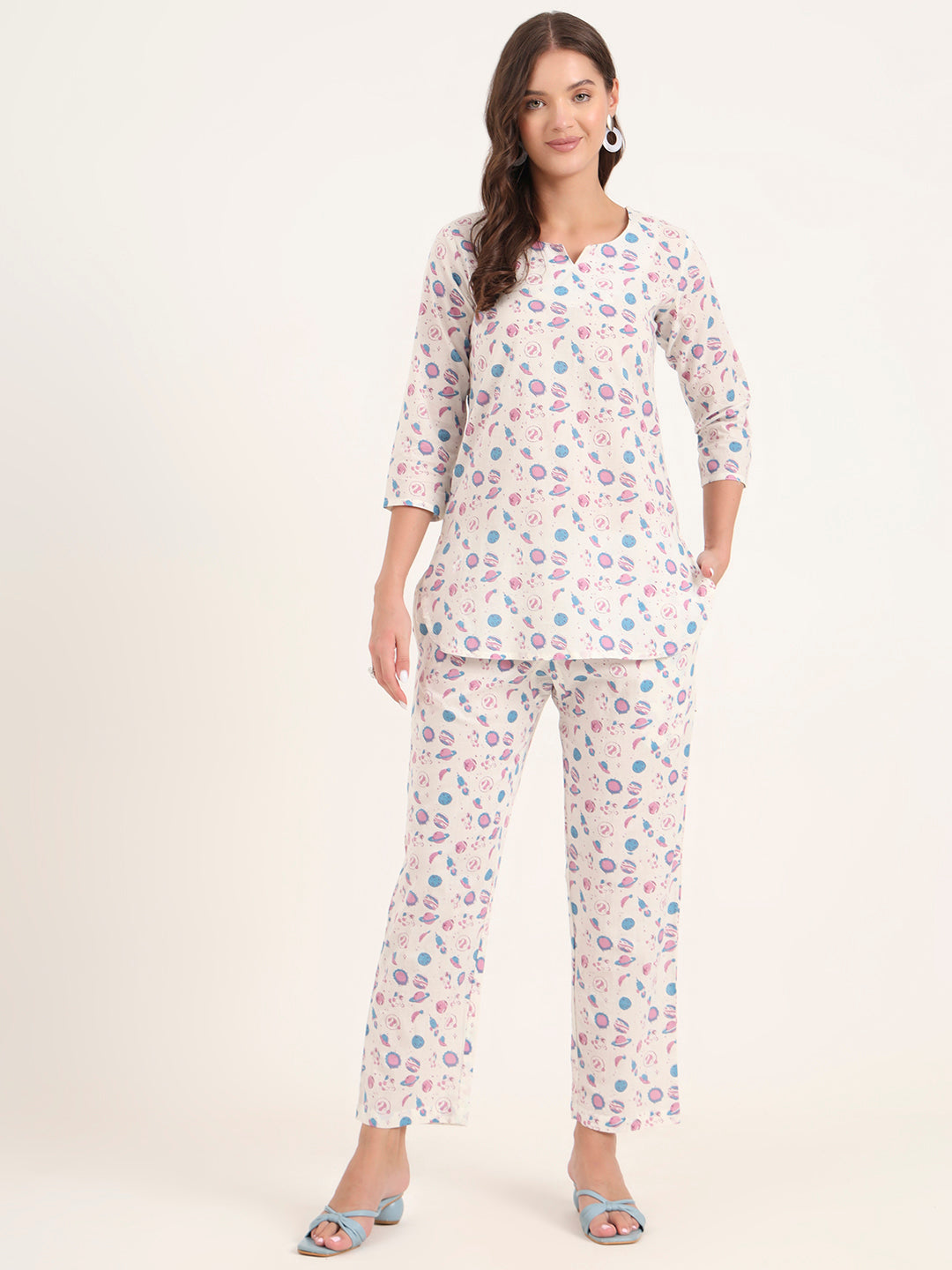 White Printed Cotton Night Suit Sets