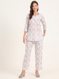 White Printed Cotton Night Suit Sets