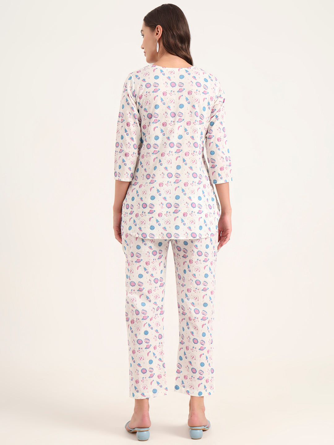 White Printed Cotton Night Suit Sets
