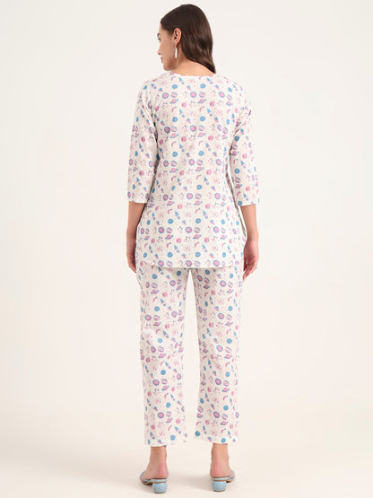 White Printed Cotton Night Suit Sets