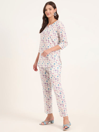 White Printed Cotton Night Suit Sets