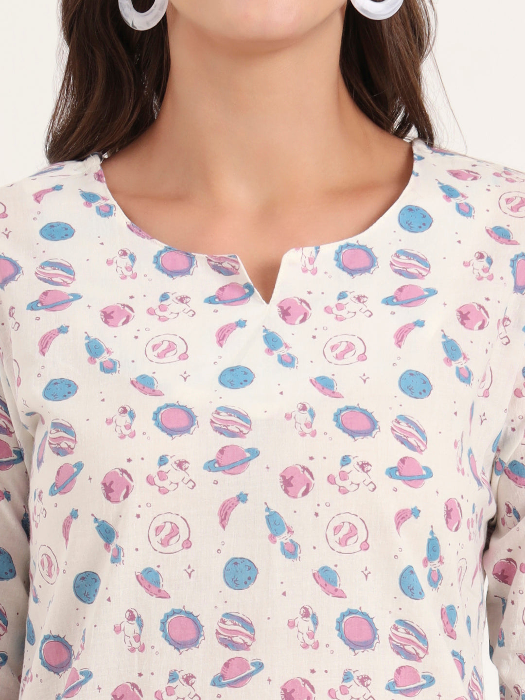 White Printed Cotton Night Suit Sets