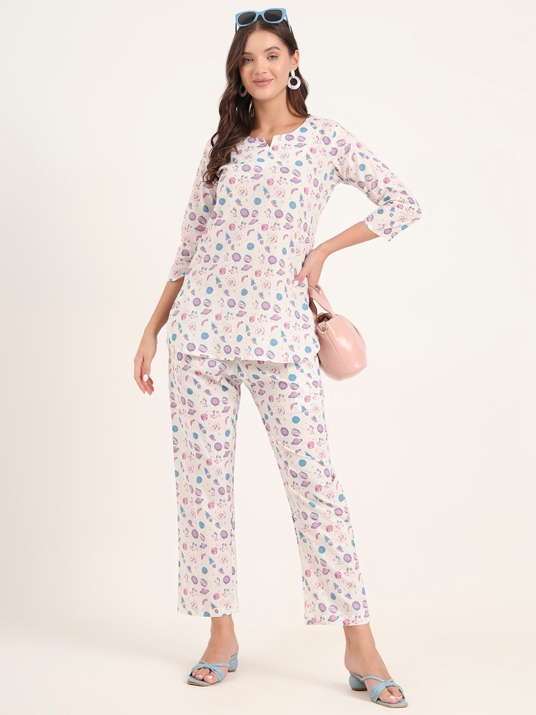 White Printed Cotton Night Suit Sets