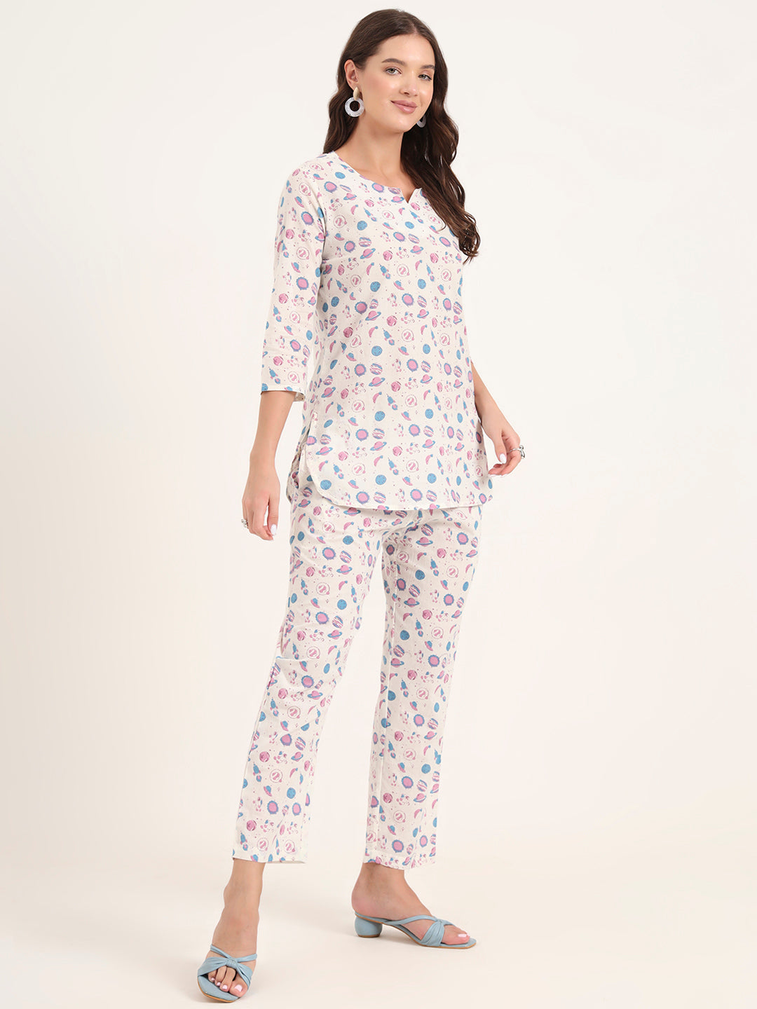 White Printed Cotton Night Suit Sets