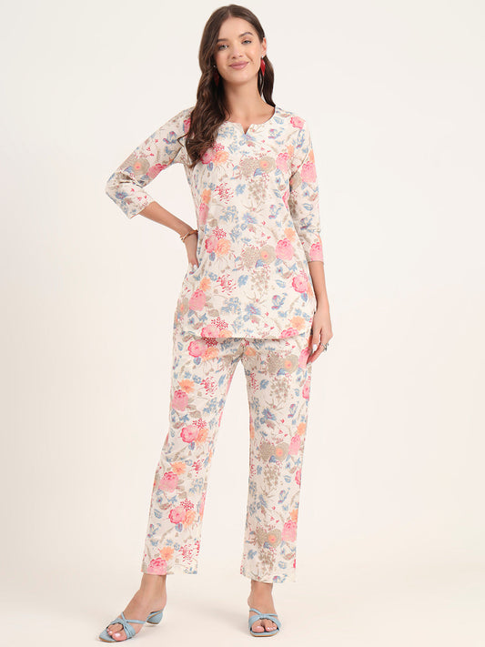 White Printed Cotton Night Suit Sets