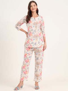 White Printed Cotton Night Suit Sets