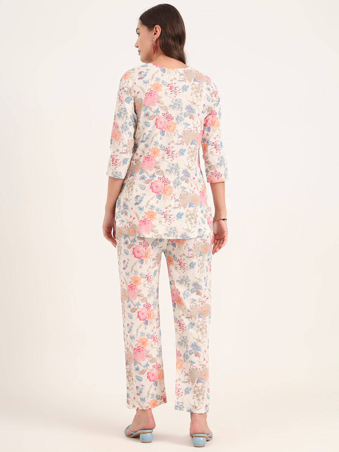 White Printed Cotton Night Suit Sets