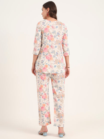 White Printed Cotton Night Suit Sets