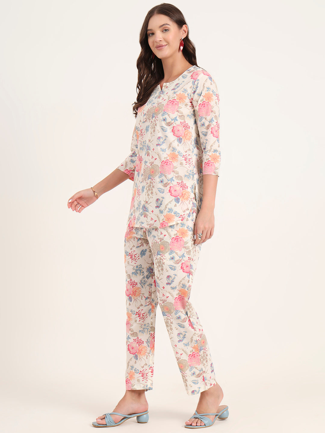 White Printed Cotton Night Suit Sets
