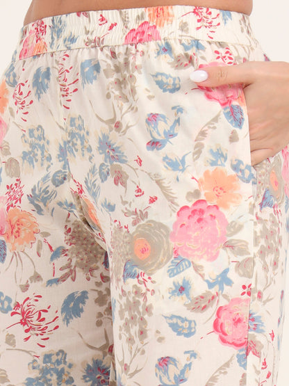 White Printed Cotton Night Suit Sets