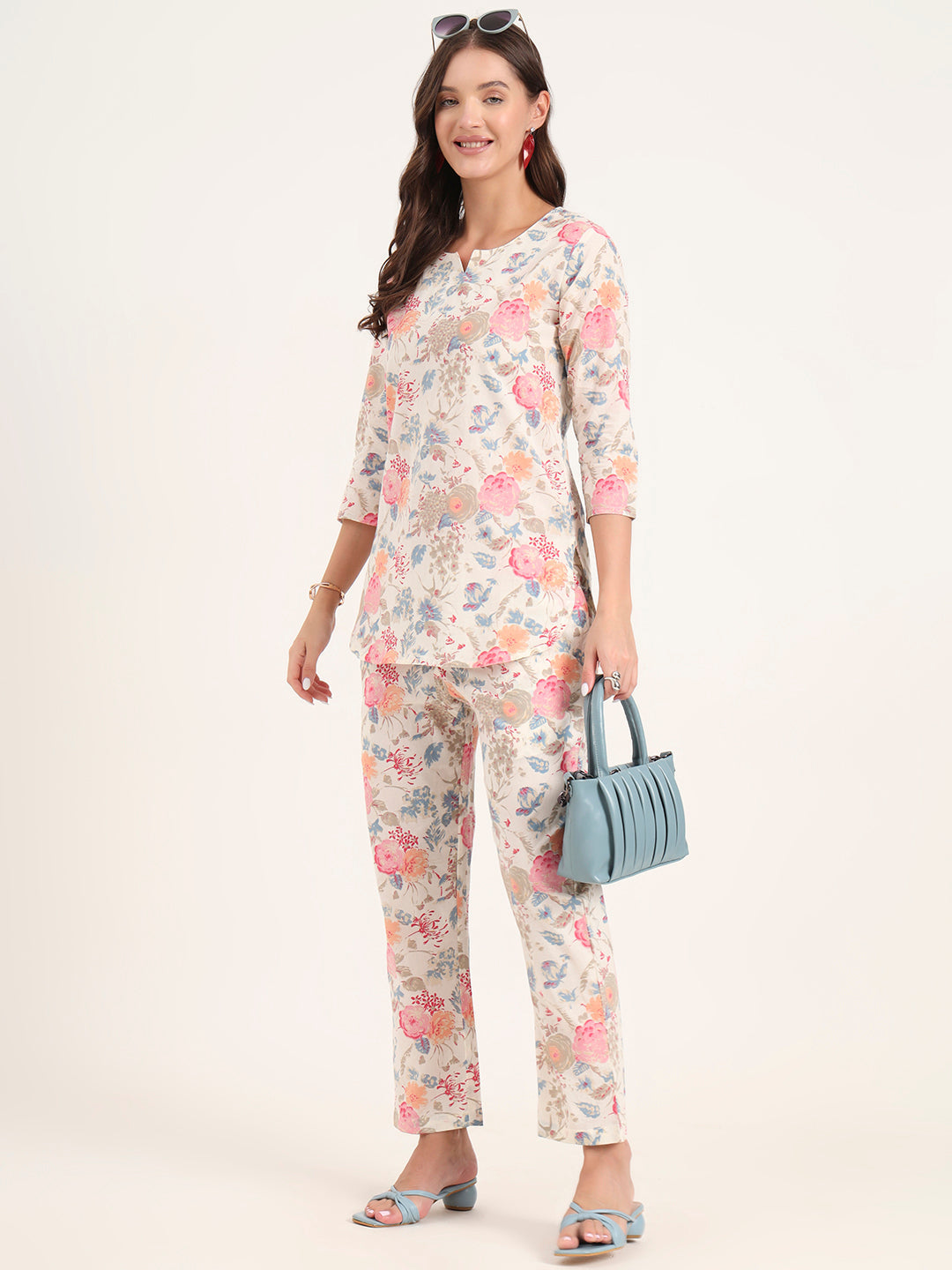 White Printed Cotton Night Suit Sets