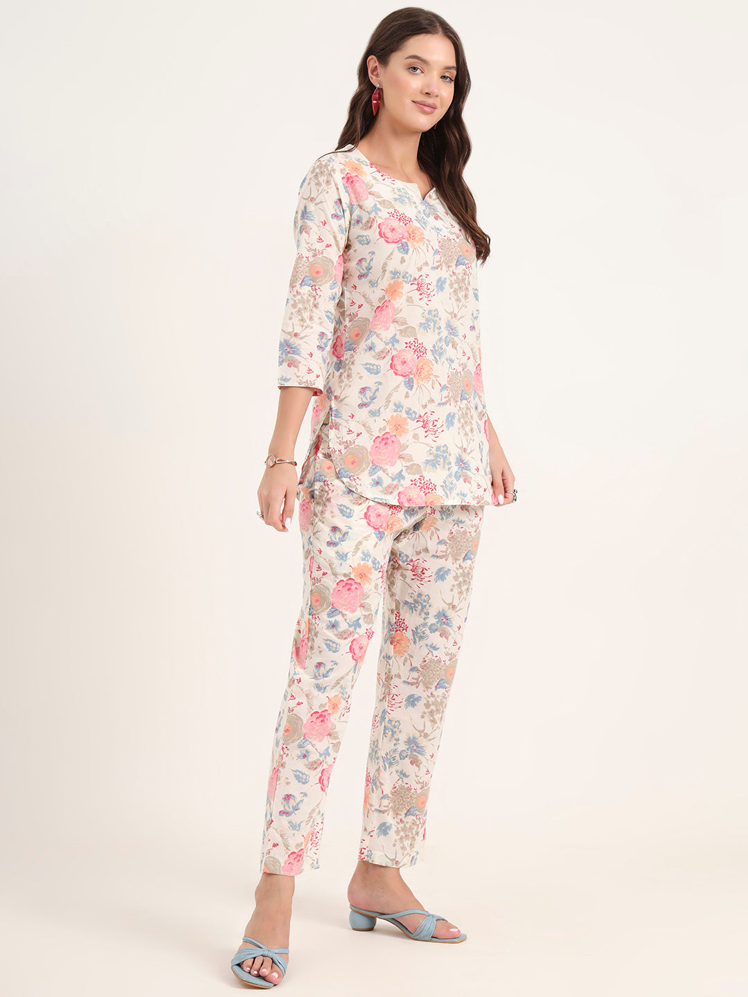 White Printed Cotton Night Suit Sets