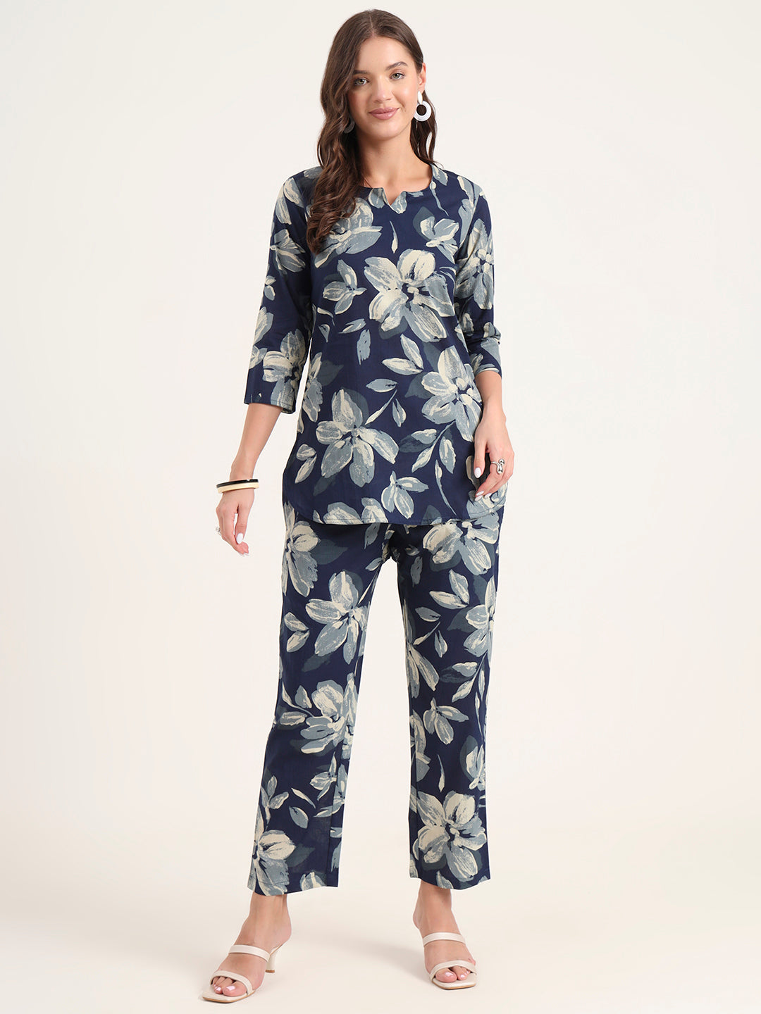Blue Printed Cotton Night Suit Sets