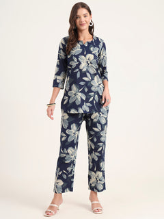 Blue Printed Cotton Night Suit Sets