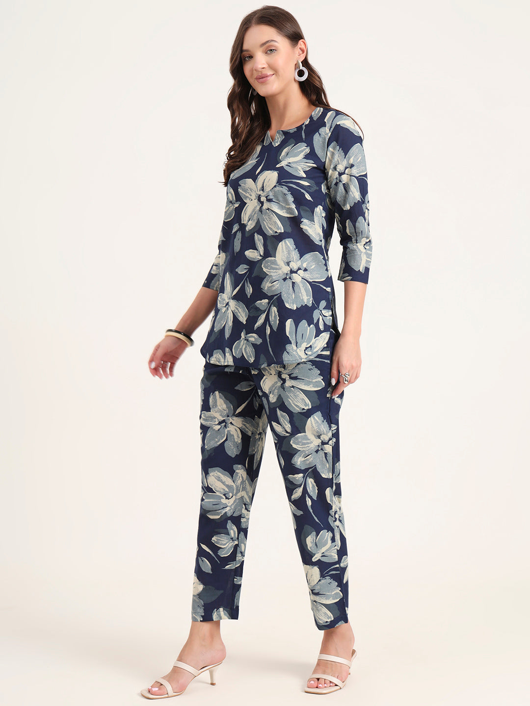 Blue Printed Cotton Night Suit Sets