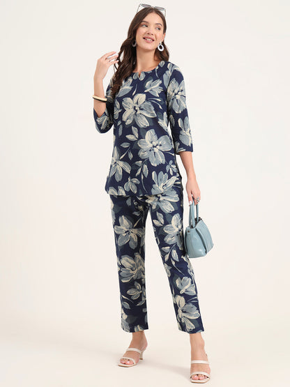 Blue Printed Cotton Night Suit Sets