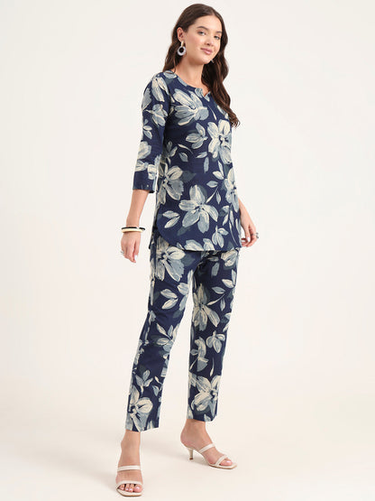 Blue Printed Cotton Night Suit Sets