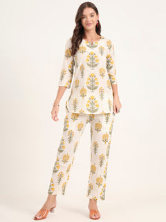 Cream Printed Cotton Night Suit Sets
