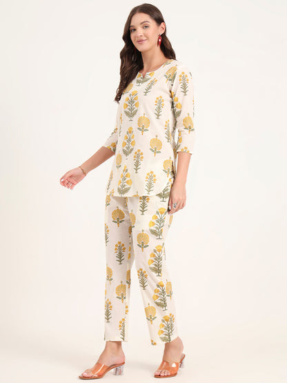 Cream Printed Cotton Night Suit Sets
